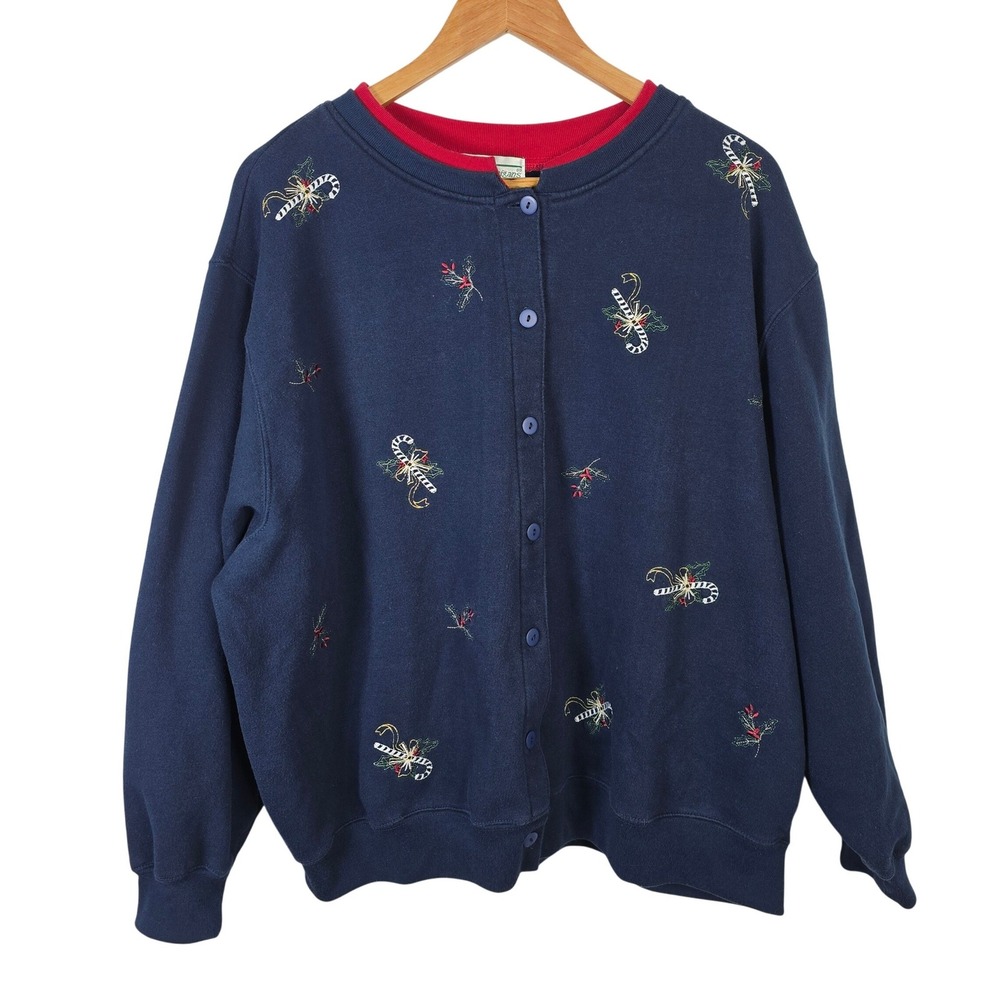 Vintage Extra Shenanigans‎ Womens 2X Christmas Cardigan Sweatshirt Navy